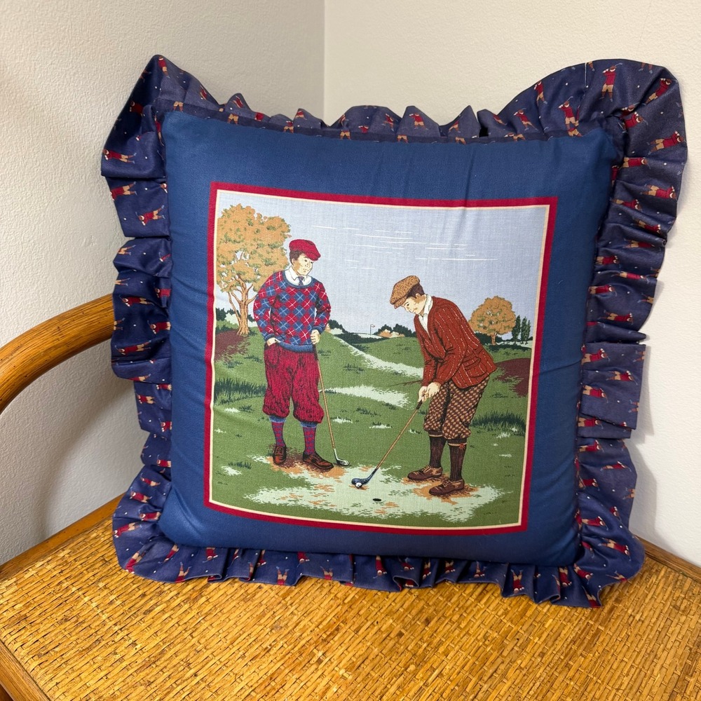 Vintage Golfer Print Ruffled Throw Pillow Handmade Preppy Golf Decor 18x18